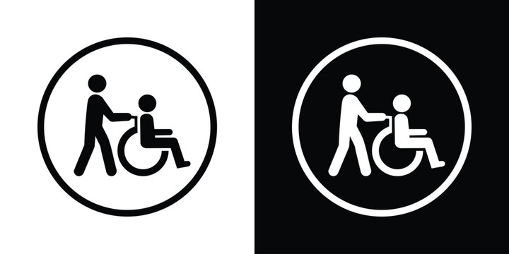 Circular wheelchair help symbol set. Thin outline circle enclosing a caregiver and disabled person icon. Professional vector design for hospital wayfinding and inclusive service markers.