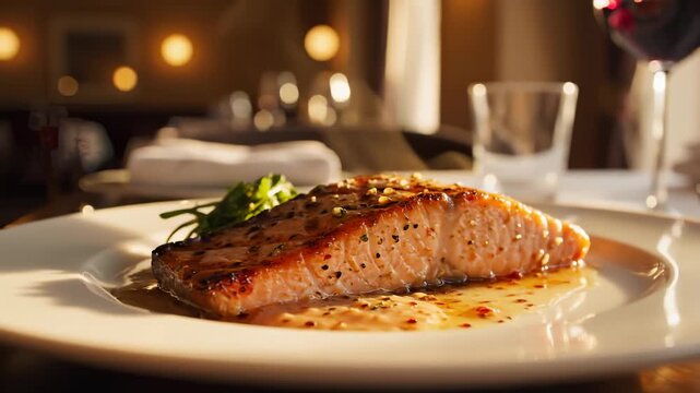 Gourmet Grilled Salmon Fillet Served With Greens and Sauce on White Plate in Restaurant