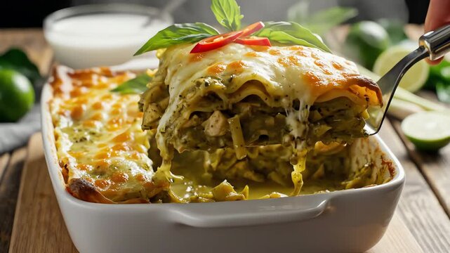 Baked food dish with cheese basil and a hand with a serving utensil on a wooden table