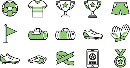 Soccer icon set with ball, jersey, trophies, shorts, cleats, gloves, whistle, smartphone, medal, and corner flag in green © Sagor Creatives