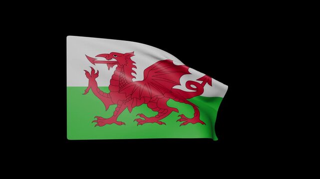 Waving flag of Welsh on black background. Animated Welsh flag on the wind.	
