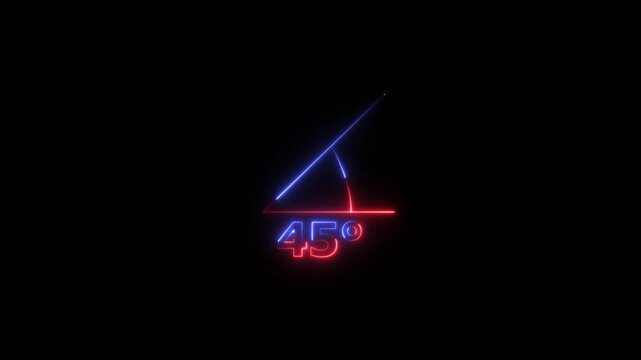 Abstract glowing neon Angle 45 degrees Geometry and mathematics symbol. Measure rotation animation with dark background.