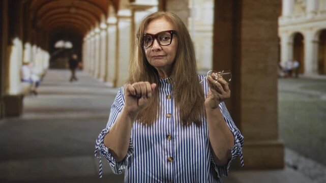 Woman holding eyeglasses in one hand while making a small fist with her left hand near her face in an arched building corridor; contemplation.