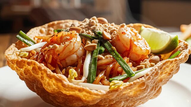 Close up of a colorful dish with shrimp noodles and garnish served on a white plate
