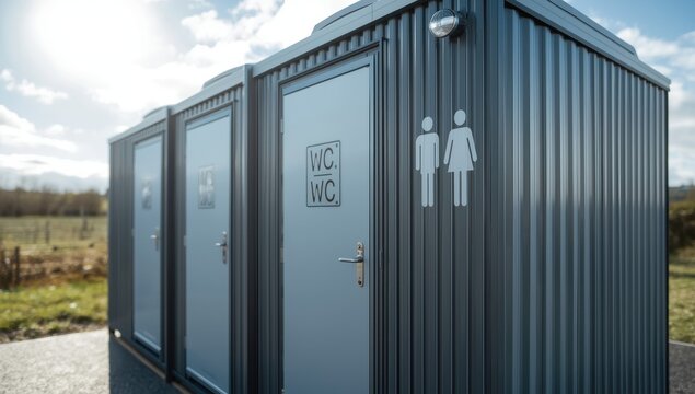 Contemporary restroom structure, outdoor, daytime. Front view of metal facility with gender signage