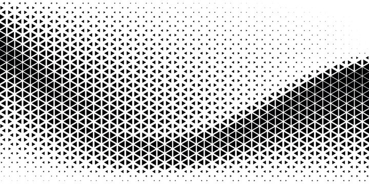 Triangular halftone background. Vector geometric technology abstract background. Halftone triangles retro pattern. Minimal 80s style dynamic tech geometric pattern.