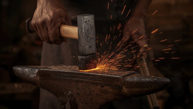 Detail shot of hands forging metal on an anvil, emphasizing blacksmithing skills and craftsmanship