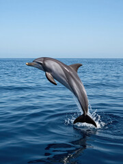 Dolphin Leaping Out of Ocean Water with Splash and Ripples under Clear Blue Sky Natural Wildlife Marine Animal in Action