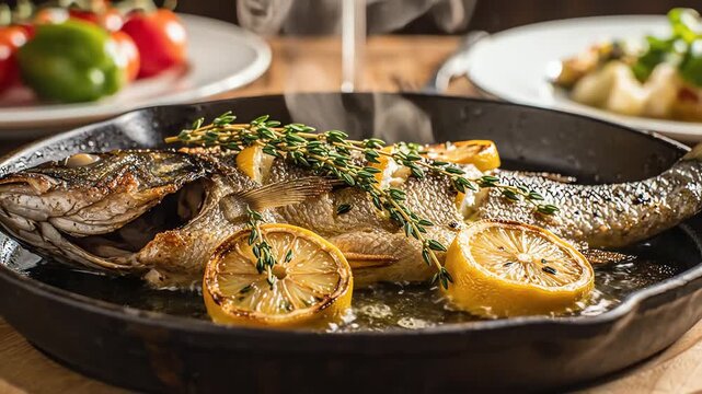 Close up of cooked fish with lemon and herbs in cast iron skillet