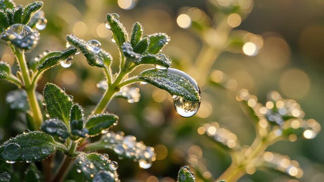Close up of dew covered green foliage with blurred background