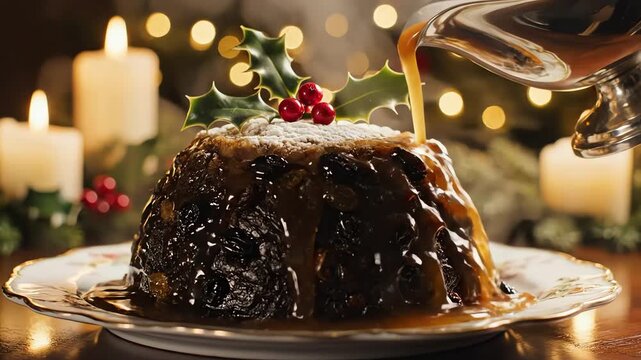 Close up of festive food with sauce being poured