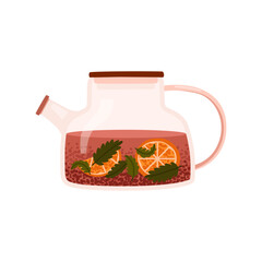 Teapot with aromatic hot black tea with green leaves and slices of oranges. Tea time. Traditional drink. Healthy and relaxing tea. Vector illustration isolated on white background.