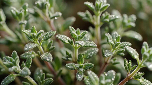 Close up of fresh green herbaceous plant with water droplets