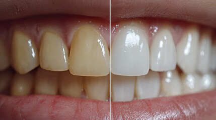 Obraz premium Teeth Whitening Reflection Showing Contrast Between Yellowed and Bright White Teeth With Detail