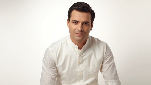 Detailed view of a man in a white kurta with a mandarin collar, set against a white backdrop under studio lighting