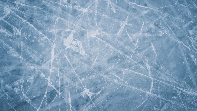 Frosty rink surface shows skate marks, reflecting winter sports. Aerial view reveals a scratched ice layer