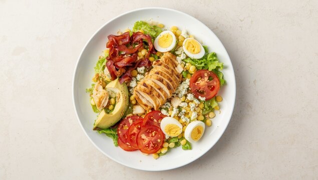 Flat lay of an American cobb salad with romaine, tomato, bacon, chicken, eggs, avocado, blue cheese, and red-wine dressing on a plate, with empty space