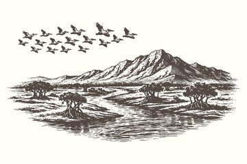 Serene landscape illustration of a flock of geese flying over a winding river and wetlands with mountains for wildlife conservation and outdoor prints. © Chairul