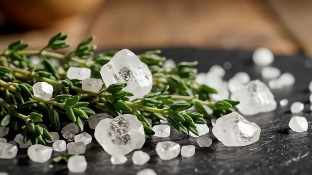 Close up of fresh thyme sprigs and sea salt crystals on dark surface