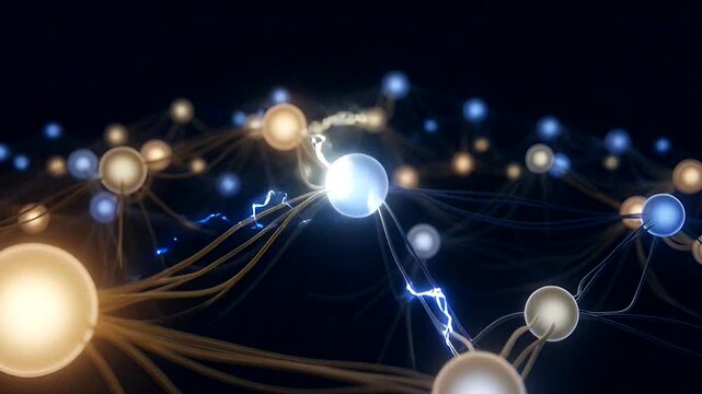 Glowing neural network connections with dynamic energy flowing between interconnected spheres.