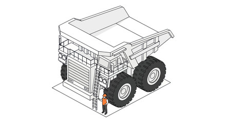 Isometric illustration of a large mining dump truck with a person for scale. © Mukhamad