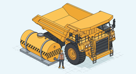 Isometric Illustration of a Large Mining Dump Truck and Fuel Tank with a Person. © Mukhamad