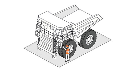 Isometric illustration of a large mining dump truck with a worker for scale. © Mukhamad