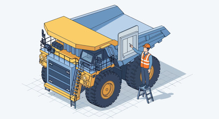 Isometric illustration of a large mining dump truck with a worker. © Mukhamad