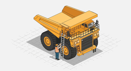 Isometric illustration of a large yellow mining dump truck with a worker. © Mukhamad