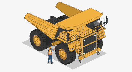 Isometric illustration of a large yellow mining dump truck with a worker. © Mukhamad