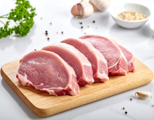 Fototapeta premium Freshly Sliced Pork Chops Displayed on a Wooden Cutting Board.