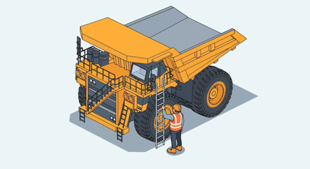 Isometric illustration of a large yellow mining dump truck with a worker climbing a ladder. © Mukhamad