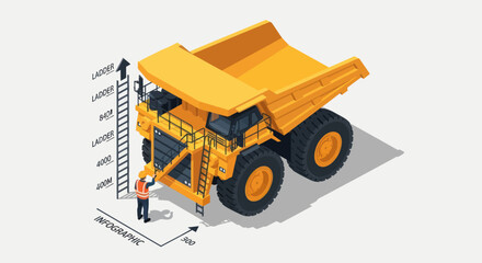 Isometric illustration of a large yellow mining dump truck with a worker measuring its dimensions. © Mukhamad