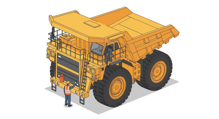 Isometric illustration of a large yellow mining dump truck with a worker. © Mukhamad