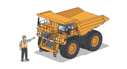 Isometric illustration of a large yellow mining dump truck with a worker. © Mukhamad