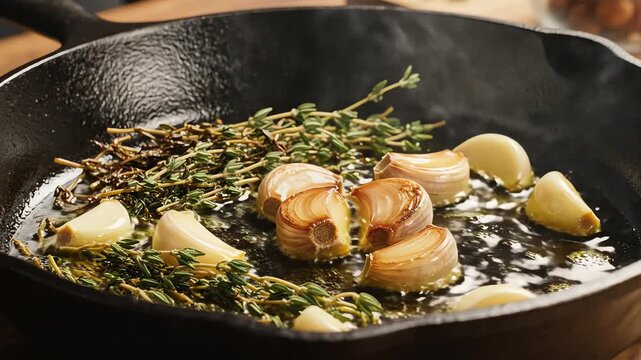 Close up of garlic and herbs sizzling in a black cast iron skillet