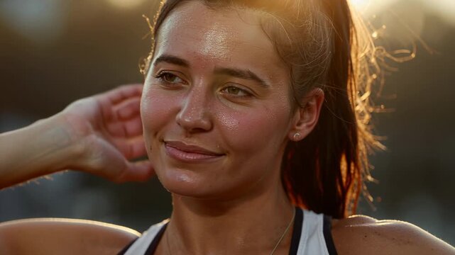 Cooling after workout female athlete in white tank wiping sweat, brushing hair at outdoor track