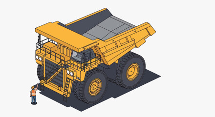 Massive Mining Dump Truck and Worker Isometric Illustration. © Mukhamad