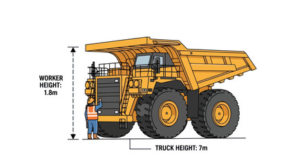 Massive Mining Dump Truck with Worker for Scale Illustration. © Mukhamad