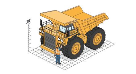 Massive Mining Dump Truck with Worker for Scale Illustration. © Mukhamad