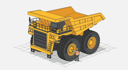 Massive Mining Dump Truck with Worker Isometric Illustration. © Mukhamad