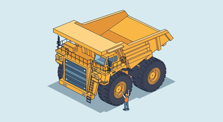 Massive Mining Dump Truck with Worker Isometric Illustration. © Mukhamad