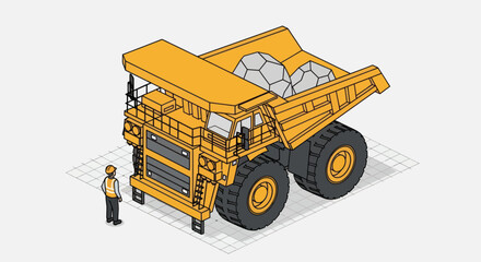 Massive Mining Dump Truck with Worker Isometric Illustration. © Mukhamad