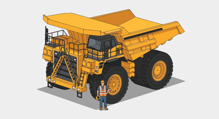 Massive Mining Dump Truck with Worker Standing Beside It. © Mukhamad
