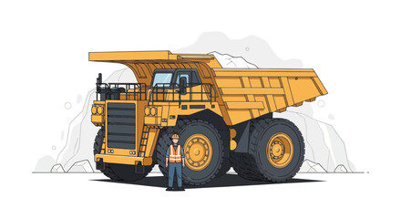 Massive Mining Dump Truck with Worker Standing Nearby. © Mukhamad