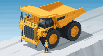 Massive Mining Dump Truck with Worker Standing Nearby. © Mukhamad
