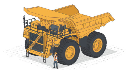 Massive Mining Dump Truck with Worker Standing Nearby. © Mukhamad
