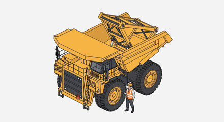 Massive Mining Dump Truck with Worker Standing Nearby. © Mukhamad