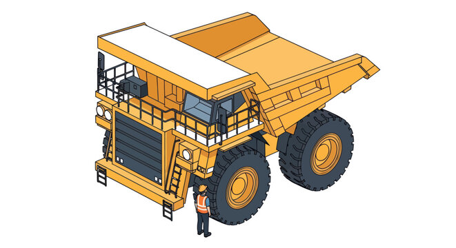 Massive Mining Haul Truck and Worker Isometric Illustration.