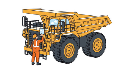 Worker inspecting a large yellow mining dump truck. © Mukhamad